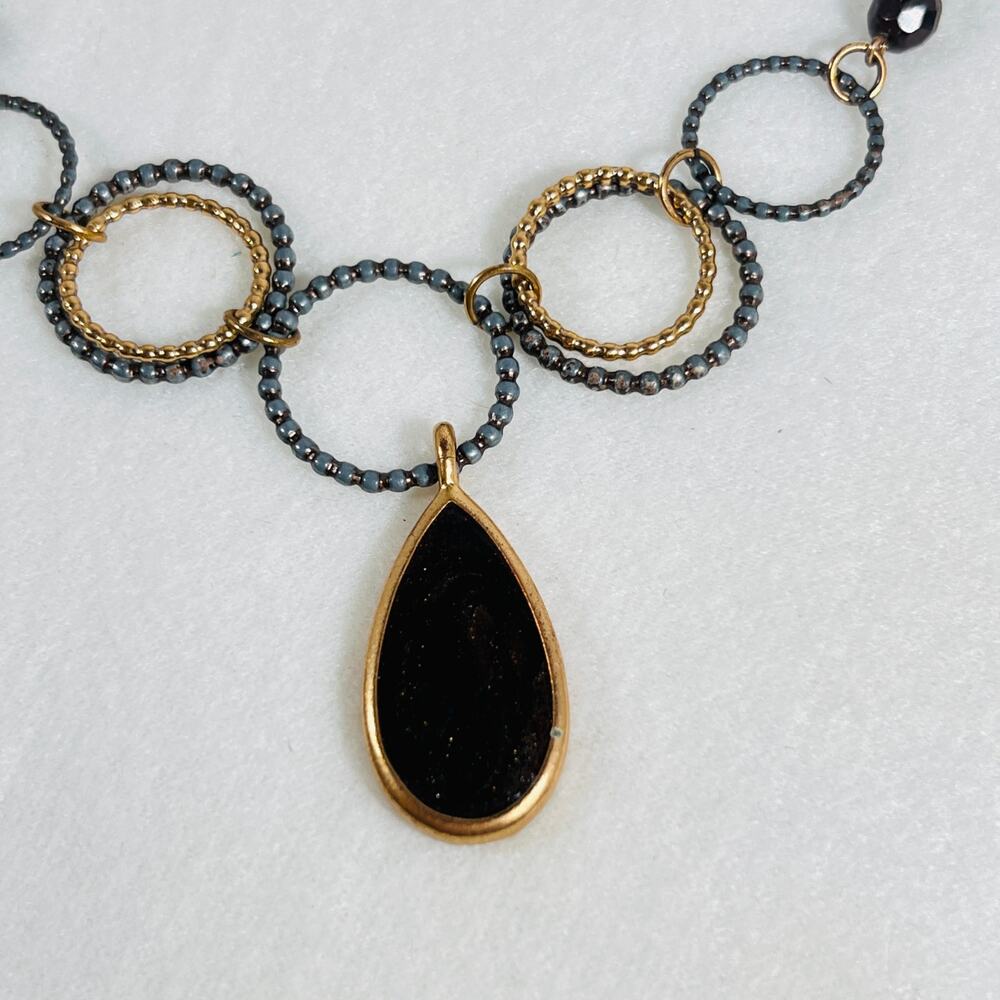 Chico’s Pendant Necklace Gold Tone Gunmetal Enamel Pendant Boho Industrial